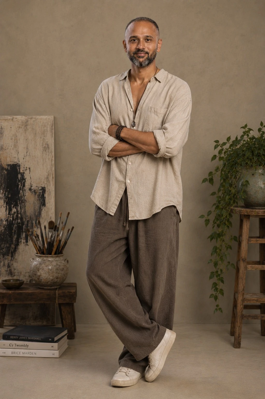 Rupjyoti Baruah standing in the studio, arms crossed, beside plants and a stool